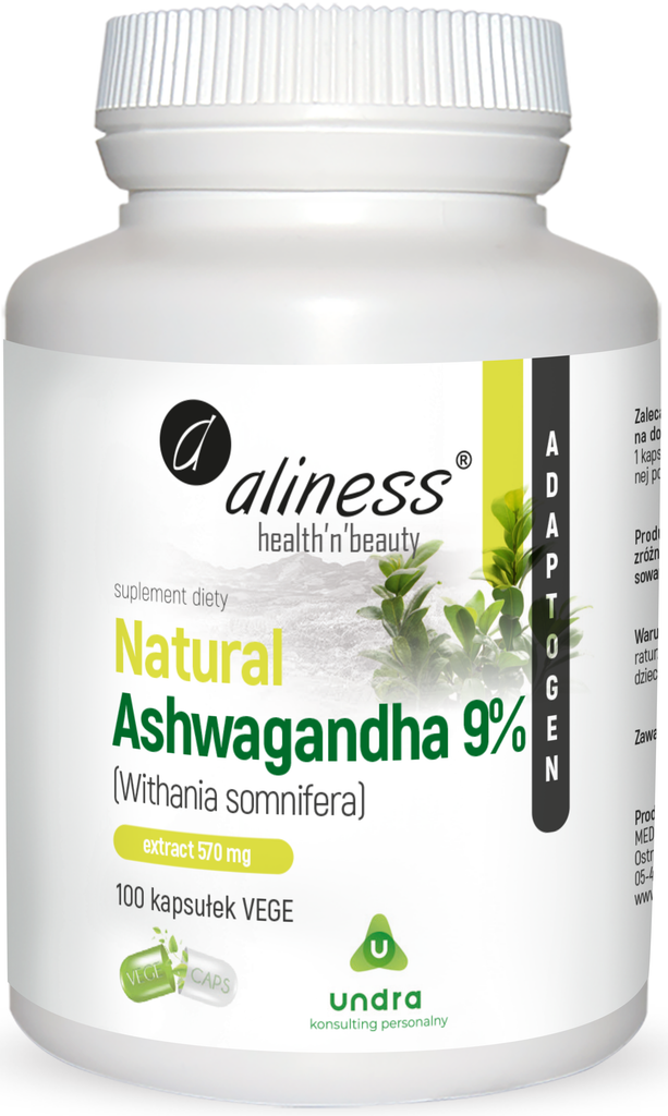 Aliness, Natural Ashwagandha 9% 570 mg, kapsułki wege, 100 szt.