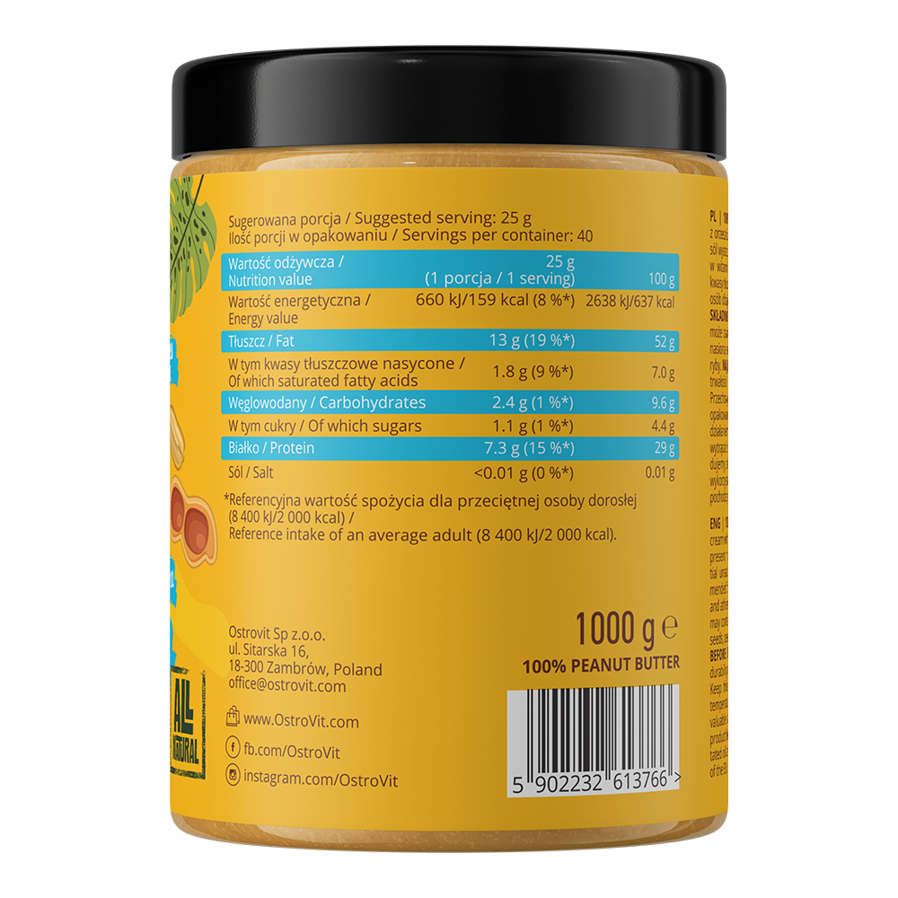 OstroVit, Peanut Butter 100% Smooth, krem, 1000 g