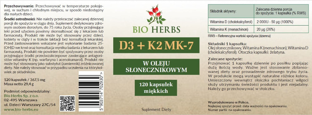 BIO HERBS, Witamina D3 2 000 IU + K2 MK-7 20 ug, softgels, 120 szt.