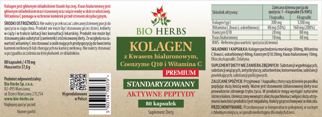 BIO HERBS, Kolagen morski, kwas hialuronowy, Q10, witamina C, kapsułki, 80 szt.