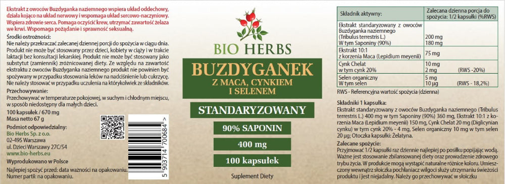 BIO HERBS, Buzdyganek 400 mg z maca, cynkiem i selenem, kapsułki, 100 szt.