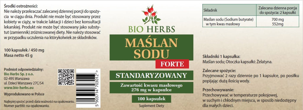 BIO HERBS, Maślan sodu 350 mg (kwas masłowy 276 mg), kapsułki, 100 szt.