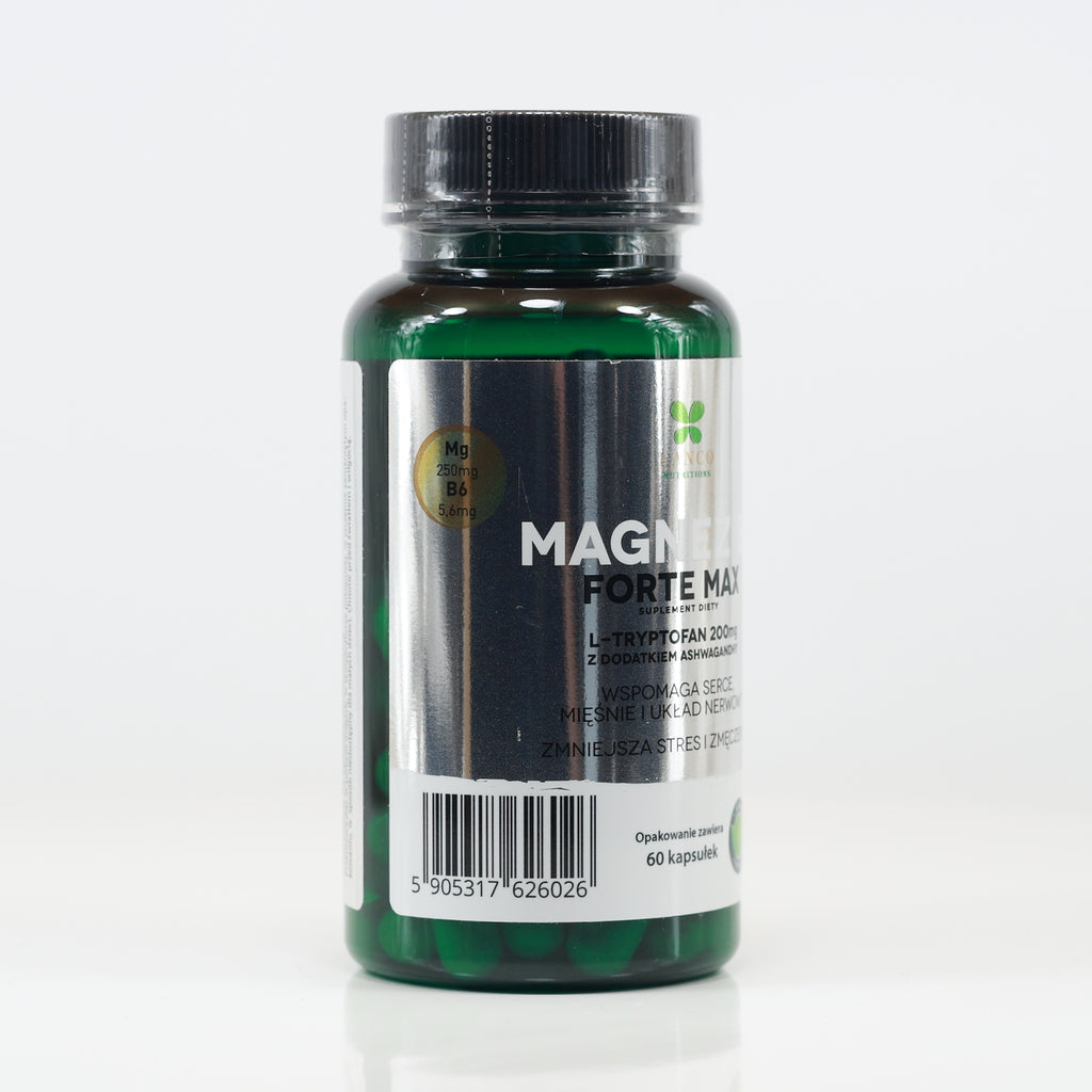 Lanco Nutritions, Magnez B6 Forte Max 250mg + L-tryptofan 200mg z dodatkiem Ashwagandh, kapsułki wege, 60 szt.