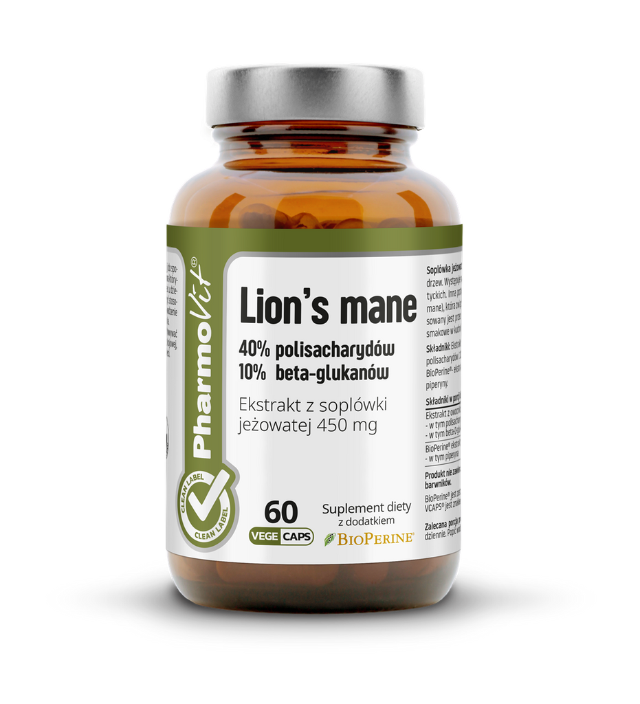 PharmoVit Clean Label, Lion's mane (Soplówka jeżowata) 40% polisacharydów 10% beta-glukanów, kapsułki wege, 60 szt.