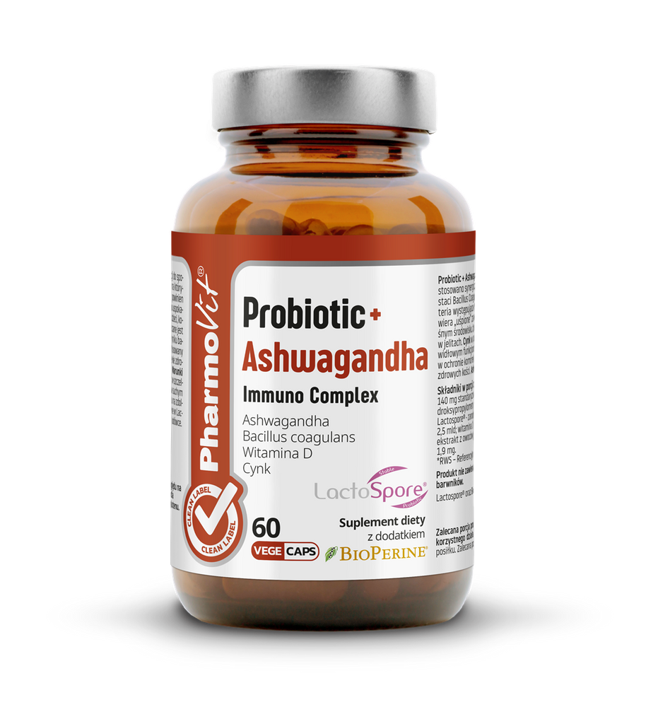 PharmoVit Clean Label, Probiotic + Ashwagandha Immuno Complex, kapsułki wege, 60 szt.