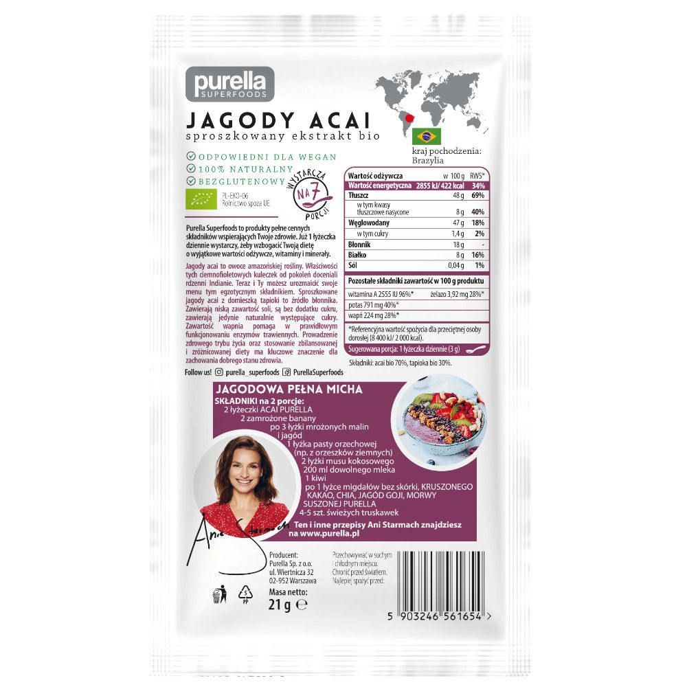 Purella Superfoods, Jagody acai Bio, proszek, 21 g