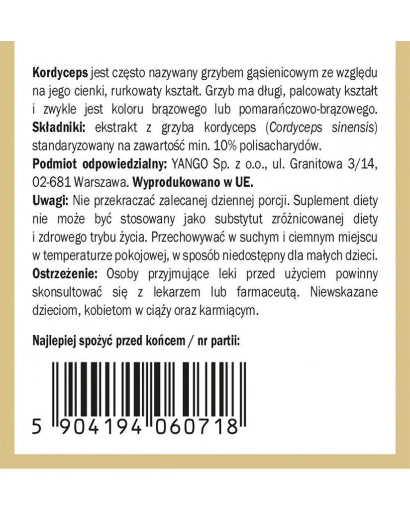 YANGO, Kordyceps - ekstrakt 10% polisacharydów, proszek, 50 g