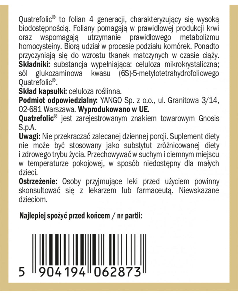 YANGO, Kwas foliowy metylowany Quatrefolic®, kapsułki wege, 60 szt.