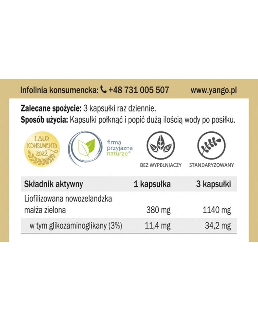 YANGO, Omułek zielonowargowy - 3% glikozaminoglikanów, kapsułki wege, 90 szt.