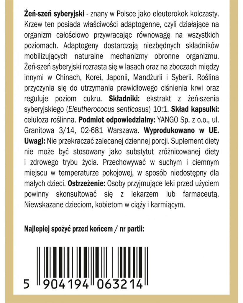 YANGO, Żeń-szeń syberyjski - ekstrakt 10:1, kapsułki wege, 90 szt.