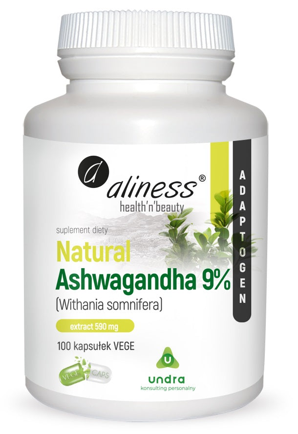 Aliness, Natural Ashwagandha 9% 590 mg, kapsułki vege, 100 szt.