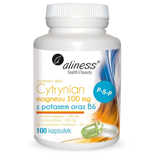 Aliness, Cytrynian Magnezu 100 mg z potasem 150 mg i Witaminą B6 (P-5-P), kapsułki vege, 100 szt.