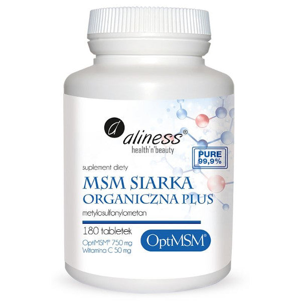 Aliness, MSM Siarka Organiczna 750 mg Plus Metylosulfonylometan i Witamina C, tabletki, 180 szt