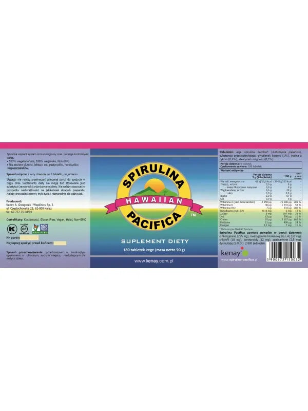 Spirulina Pacifica® hawajska 500 mg, tabletki, 180 szt.