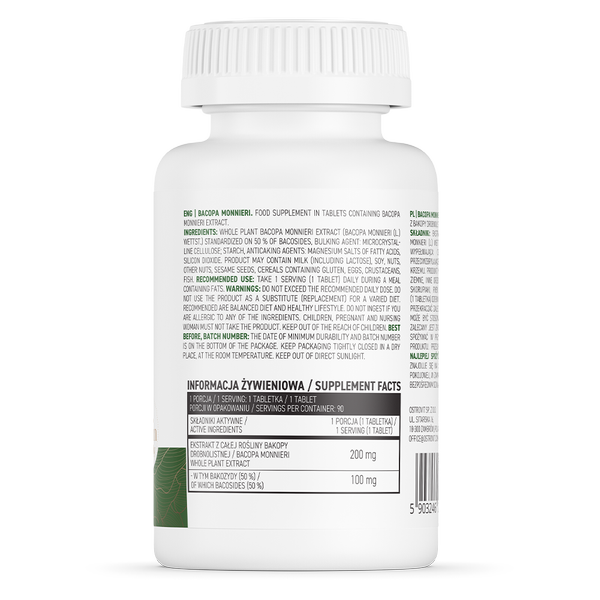 OstroVit, Bacopa monnieri (Brahmi, Bakopa drobnolistna) 200 mg, tabletki, 90 szt.