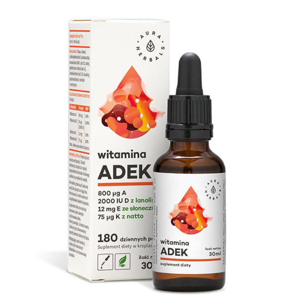 Aura Herbals, Witamina "ADEK" A + D3 (2000IU) + E + K2 MK-7, krople, 30 ml