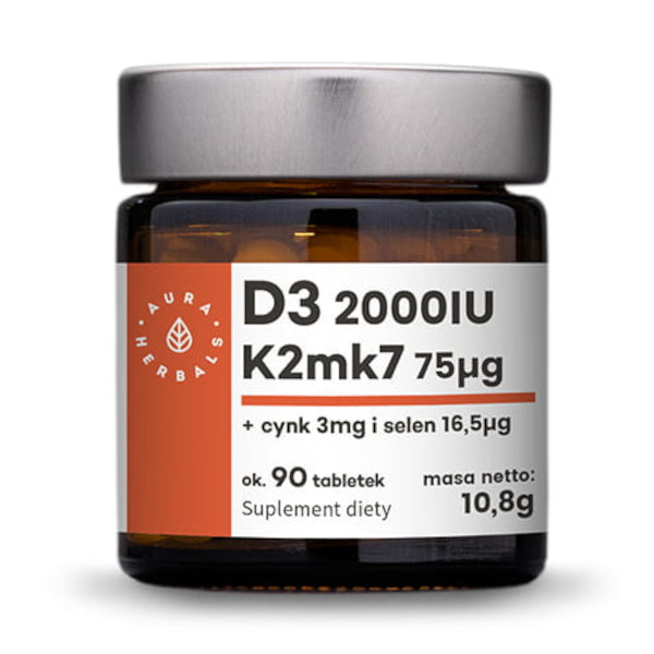Aura Herbals, Witamina D3 (2000IU) + K2mk7 + Cynk + Selen, tabletki, 90 szt.