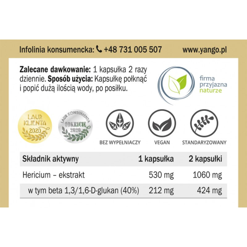 YANGO, Soplówka jeżowata - 40% Beta-glukan, kapsułki wege, 90 szt.