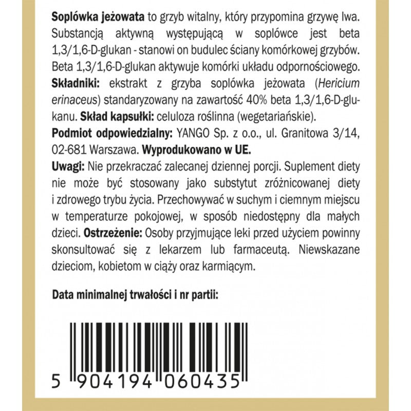YANGO, Soplówka jeżowata - 40% Beta-glukan, kapsułki wege, 90 szt.