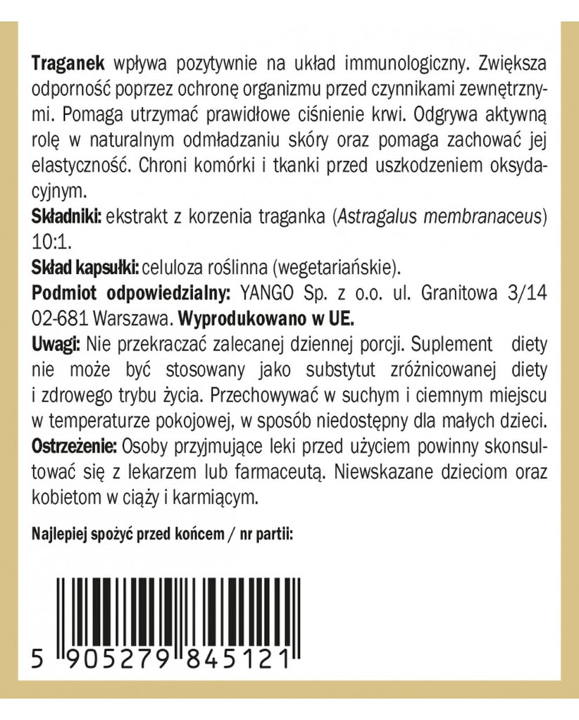 YANGO, Astragalus (Traganek) - ekstrakt 10:1, kapsułki wege, 100 szt. 5905279845121