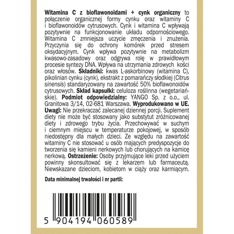 YANGO, Witamina C z bioflawonoidami + Cynk organiczny, kapsułki wege, 90 szt.