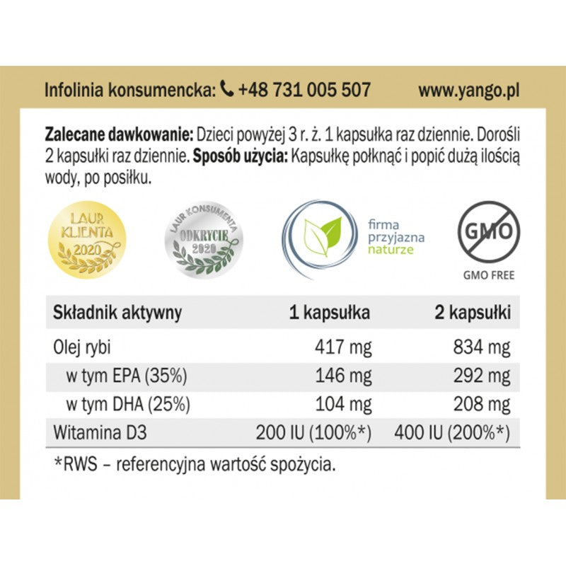 YANGO, DHA + EPA + D3, dla dzieci i dorosłych, kapsułki, 60 szt.