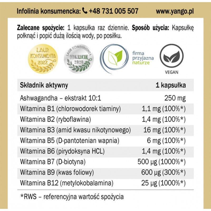 Ashwagandha z witaminami grupy B, kapsułki wege, 90 szt.
