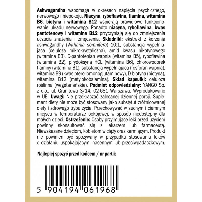 Ashwagandha z witaminami grupy B, kapsułki wege, 90 szt.