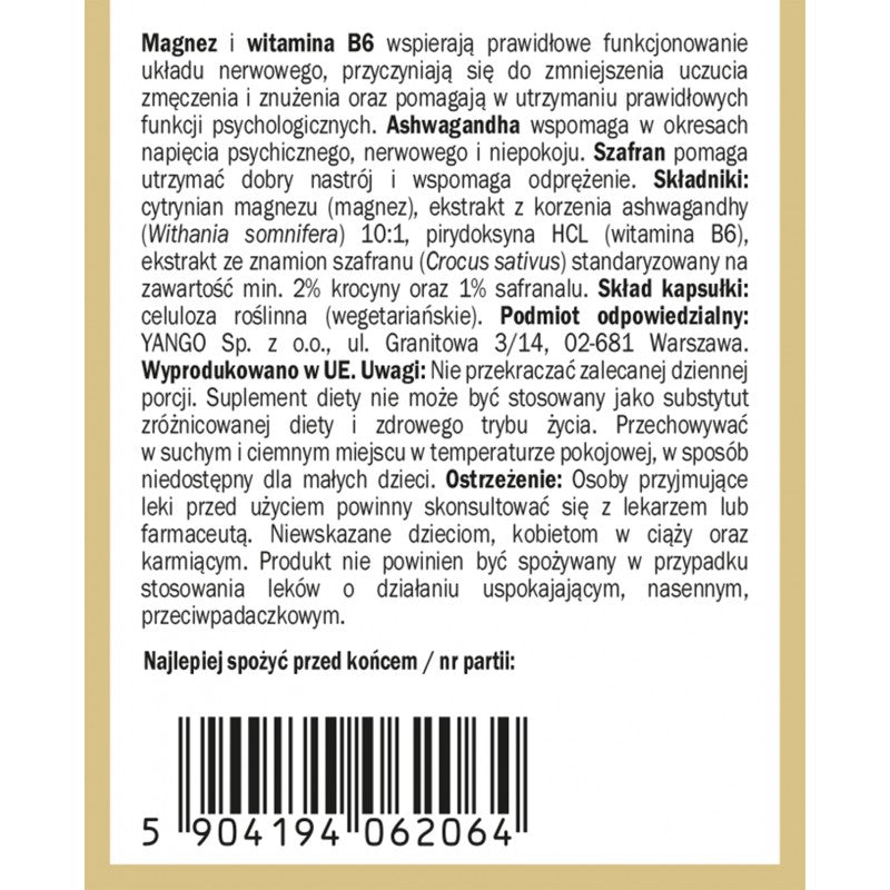 Magnez z ashwagandhą z dodatkiem szafranu i witaminy B6, kapsułki wege, 90 szt.
