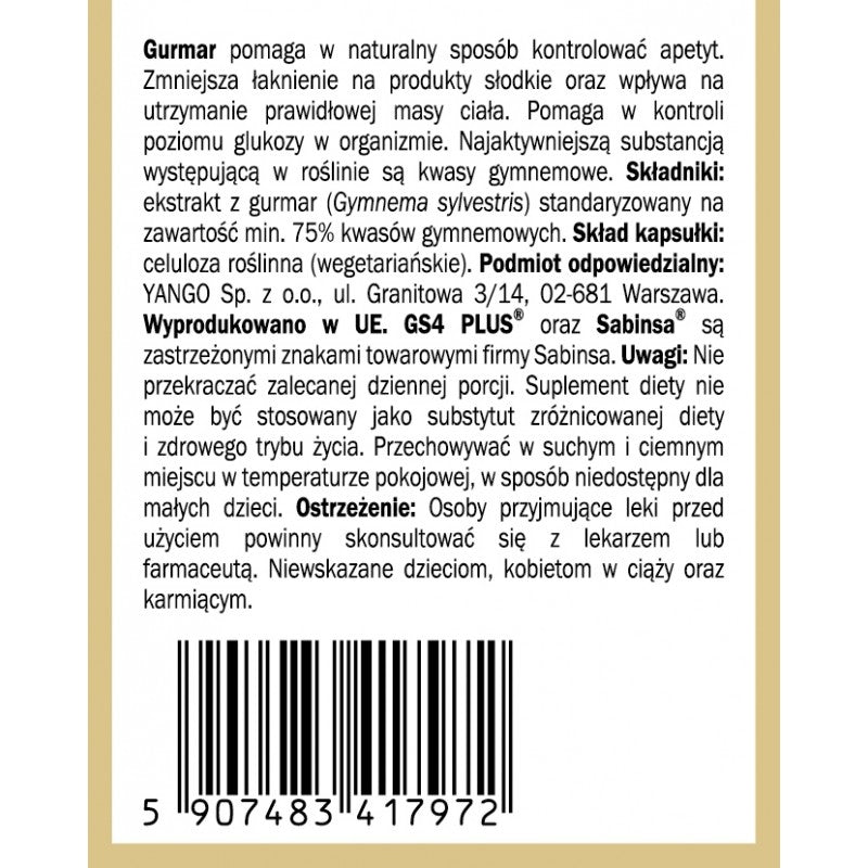YANGO, Gurmar GS4® - 75% kwasów gymnemowych, kapsułki vege, 60 szt.
