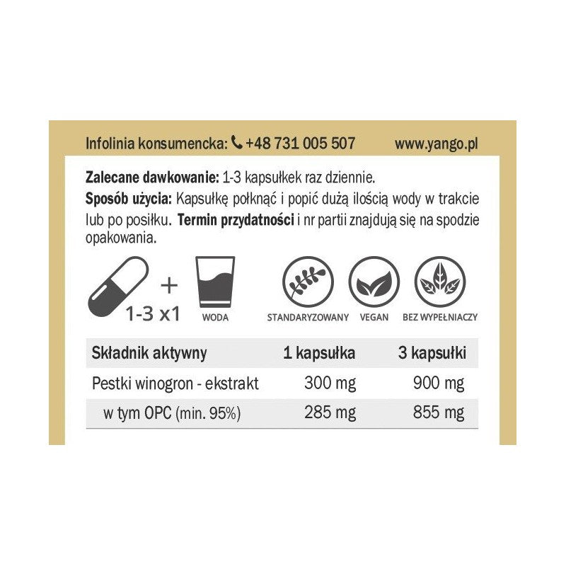YANGO, OPC 95% ekstrakt z pestek winogron, kapsułki vege, 90 szt.